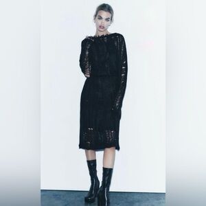 ZARA NWT Shredded Open Knit Distressed Black Blend Lace Midi Dress size S Luxury